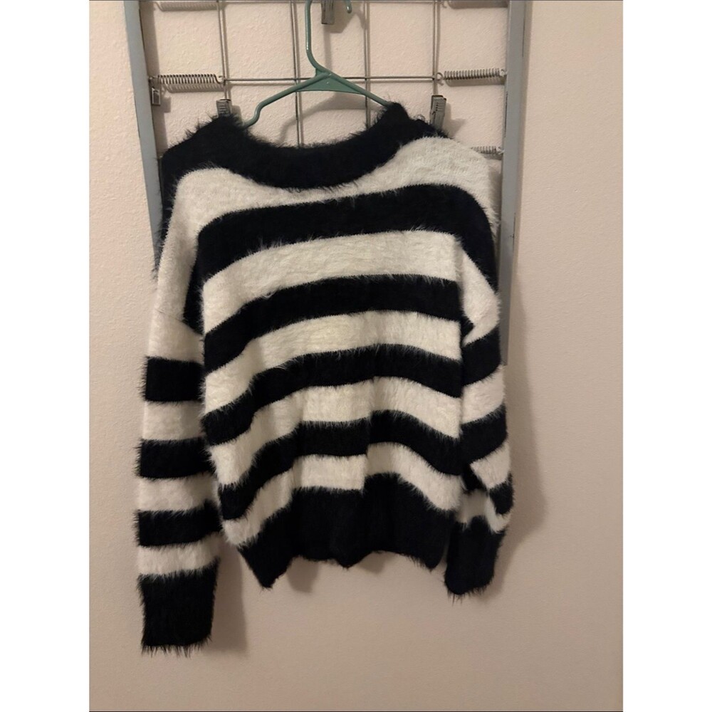 A New Day Size Medium Black & White Fuzzy Striped Crewneck Sweater